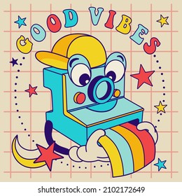Good vibes concept with retro cartoon сamera and rainbow photos.60's-70's groovy print for tee, t shirt or poster with slogan