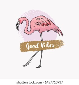 Good vibes design poster with pink flamingo. Hand drawn vector illustration