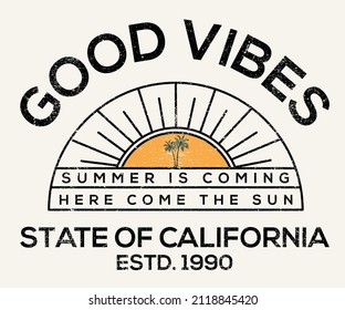 Good vibes graphic print design for t shirt, sticker, poster and others. Beach sunset vector artwork design.