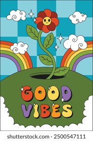 Good Vibes Groovy Flower Poster. Trendy botanical floral card, postcard in trendy retro trippy psychedelic hippie 70s 80s style. Vector illustration with flowers, rainbow, clouds and sun.
