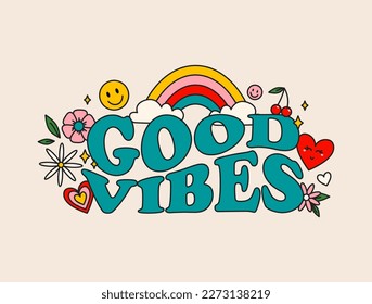 Good vibes groovy style inspirational design. Motivational retro 70s vector illustration with lettering and vintage elements. Hippie flat style heart, rainbow, flowers.