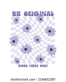 Good vibes groovy style slogan text. Bohemian purple flower drawings. Fashion graphics and t shirt prints design.