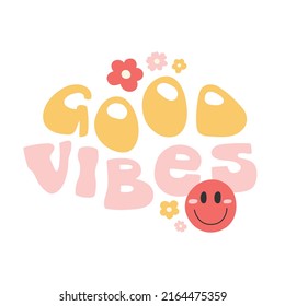 Buenas vibraciones - adorables letras pintadas a mano decoradas con flores de margarita y una cara sonriente. Vector aislado sobre fondo blanco.