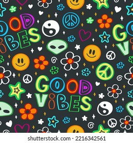 Good vibes hand drawn style seamless pattern. Vector doodle trendy cartoon illustration.Hippie,Yin Yang,60s,smile face,groovy,good vibes fashion print seamless pattern concept
