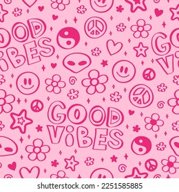 Good vibes hand drawn style seamless pattern. Vector doodle trendy cartoon illustration.Hippie,Yin Yang,60s,smile face,groovy,good vibes fashion print seamless pattern concept
