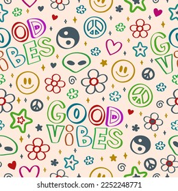 Good vibes hand drawn style seamless pattern. Vector doodle trendy cartoon illustration.Hippie,Yin Yang,60s,smile face,groovy,good vibes fashion print seamless pattern concept
