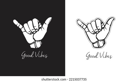 good vibes icon, surf signature shaka. Great for printing on t-shirts, posters, banners, surfboards, postcards.