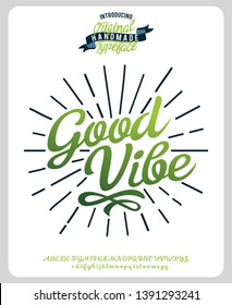 Good Vibes. Lettering print on sticker or clothes. Script font.