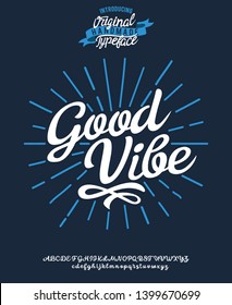 Good Vibes. Lettering print on sticker or clothes. Script font.