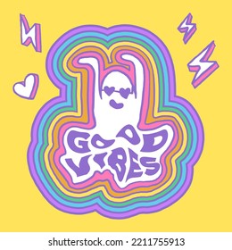 Good Vibes lettering with rainbow and ghost in wave style. A good vibes sticker design template. Vector illustration.