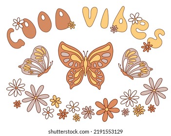 Good vibes lettering with vintage hippie styled butterflies and flowers. Vector illustration.