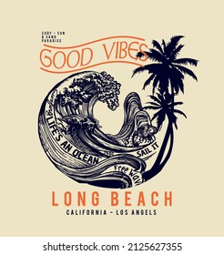 good vibes long beach California -Los angels, Summer Travel Background Waves with Palms. Exotic Print for T-shirt.