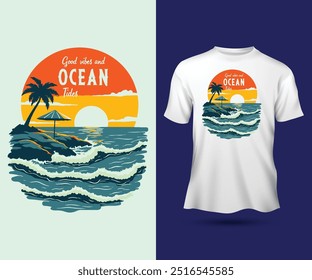 Boas vibes e Ocean Tides slogan retro ilustração praia mar verão vibes tipografia motivacional citações t-shirt design