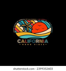 Las buenas vibraciones son sólo placas con el logotipo de verano de California en los gráficos de fondo negro para camisetas y otras producciones de impresión. concepto de los años 70. Ilustración vectorial para el diseño. 