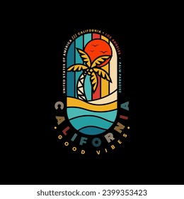 Good vibes only California summer logo badges, Sun waves, and surfboards. on black background graphics for t-shirts and other print production. Vector illustration for design. 70s-style concept.