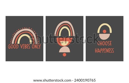 Good vibes only , choose hapiness colorful vector illustration with lettering and hand drawn rainbow. Inspirational and motivational design for print, greeting cards, textile etc. Retro rainbow design