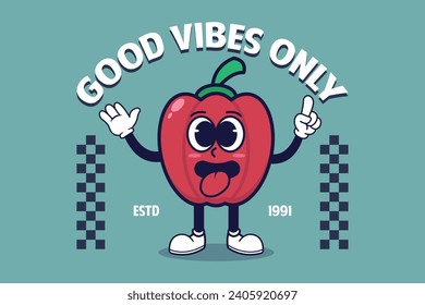 Good Vibes Only. Cute Retro Cartoon Red Bell Pepper character. Vector Illustration