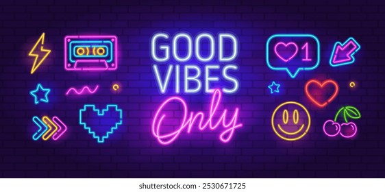 Good Vibes Only - sinal de neon retrô com ícones de neon café ou bar em estilo 90s. Placa de néon, banner de luz com texto Apenas boas vibrações. Placa de néon para boate, música, festa. Vetor editável