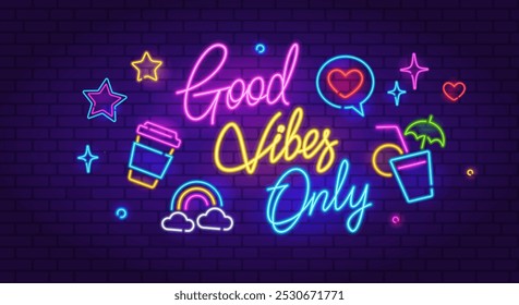 Good Vibes Only - Retro Neon sign with neon icons cafe or bar in 90s style. Neon signboard, light banner with text Good Vibes Only. Neon sign for night club, music, party. Editable vector