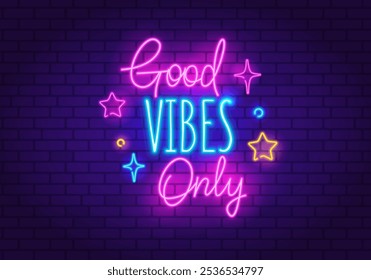 Good Vibes Only - Retro Neon-Zeichen mit Neonlampen-Effekt im 90er-Jahre-Stil. Neon-Schild, helles Banner mit Text Nur gute Stimmung. Neonschild für Nachtklub, Musikbar, Party. Bearbeitbarer Vektor