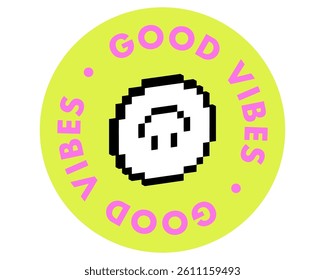 Good vibes pixel art color element. Y2k inspired cute trendy sticker. Mood of 90's. 8-bit retro style vector illustration. Simple geometric shape for collage, poster, stamp. Game abstract icon