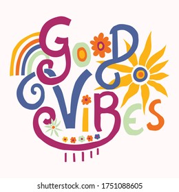 Good vibes positive energy note card. Bright mental health support message. Hand drawn cheerful collage lettering. Uplifting sunny happy mood social media post.