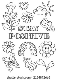 Good Vibes. Positive, Groovy Hand drawn coloring pages for kids and adults. Beautiful drawings with patterns and small details. Coloring book pictures with blooming branches, flowers, smile, stickers