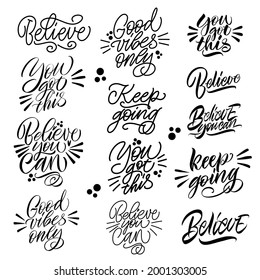 Good Vibes and positive thoughts letterings and other elements. Great lettering and calligraphy for greeting cards, stickers, banners, prints and home interior decor. Isolated vector