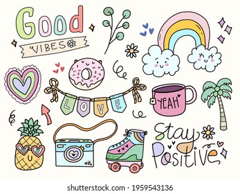 Good vibes random cute sticker ornament for kids and girl. Cute rainbow doodle drawing set.