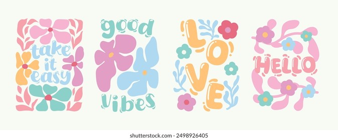 Good vibes Retro botanical with words and quotes background art vector set. Flower and leaves abstract shape doodle art design for T-shirt, poster, fabric, packaging, print, screen, sticker.