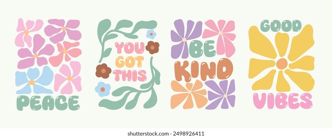 Good vibes Retro botanical with words and quotes background art vector set. Flower and leaves abstract shape doodle art design for T-shirt, poster, fabric, packaging, print, screen, sticker.