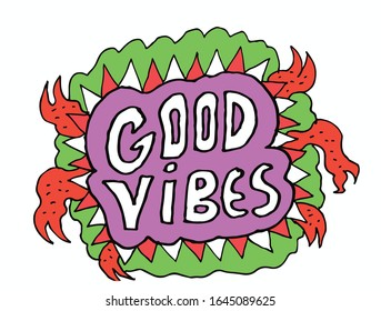 good vibes retro slogan. colorful vector illustrations. green, blue, red, yellow color.for t-shirt and other uses.