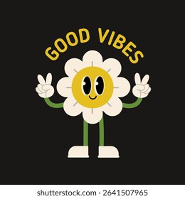 "Good Vibes" retro style apparel print design. Cartoon Character concept of funny flower face for kids clothing fashion design and t-shirt prints, covers, stickers, etc. Vector illustration