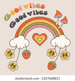 Good vibes retro,vintage sticker.bright groovy print 70s.Card 2000.Y2k.Vector flat illustration.