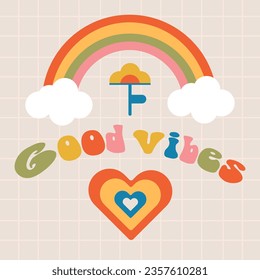 Good vibes retro,vintage sticker.bright groovy print 70s.Card 2000.Y2k.Vector flat illustration.