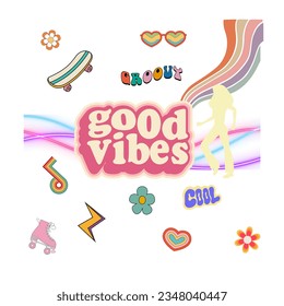 Good vibes sign with multiple retro objects spread around.