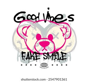 good vibes slogan bear doll head hand drawn illustration and happy emoticon for t shirt design, streetwear, hoodie and more