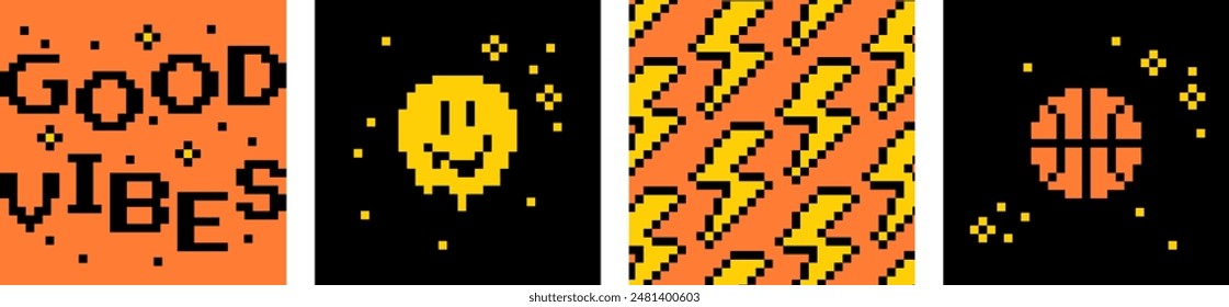 Good vibes, smile, basketball. Pixel art icon set. Y2k trendy playful pixelated stickers. Mood of 90's aesthetics. 8-bit retro style vector illustration. Sport and recreation for healthy life style