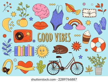 Good vibes stickers set. Back in 80s and 90s. Swimsuit, bike and sun. Rainbow, ice cream and envelope. Flowers, heart and headphones. Cartoon flat vector illustrations isolated on blue background