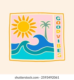 Good vibes in summer with waves and sunny sun design for t shirt, badges, sticker illustration