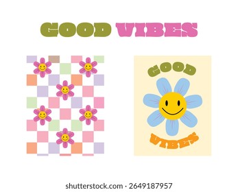 Good vibes text, pink and green, smiley flowers, pastel checkerboard, retro style, playful vector illustration