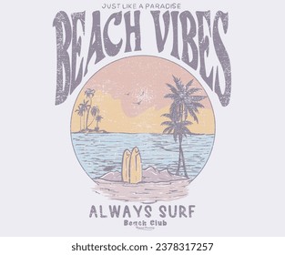 Good vibes t-shirt artwork. Palm tree, surfing board graphic print design. Enjoy summer time vector design. Summer retro graphic print design. Beach vibes vintage t shirt design.