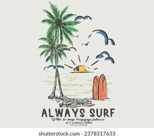  Good vibes t-shirt artwork. Palm tree, chair graphic print design. Enjoy summer time vector design. Summer retro graphic print design. Surfing board. Beach paradise. Palm tree with surfing board.