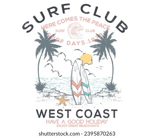 Good vibes t-shirt artwork. Palm tree, chare graphic print design. Enjoy summer time vector design. Summer retro graphic print design. Surfing club. West coast hand drawing. Summer vintage design.