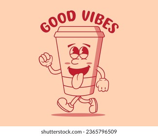 Good vibes walking retro cartoon cup of coffee. Mascot design template. Vector illustration