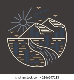 Good view of nature with mountains, river, and sunrise graphic illustration vector art t-shirt design