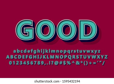 "Good" Vintage look font effect with classic typography style, teal alphabet with 3d look isolated on red background