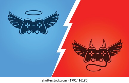 Good vs bad game controller poster showing battle between two teams or groups in online gaming industry. Can be used as a logo or t-shirt design for console players. Red and blue color.