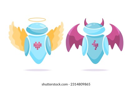 Good vs bad vector cartoon style characters. AI angel robot with wings, halo and digital heart symbol, and devil robot with horns, wings and lightning digital symbol isolated on white.