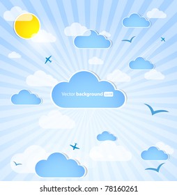 Good Weather Background. Blue Sky With Clouds And Airplanes.